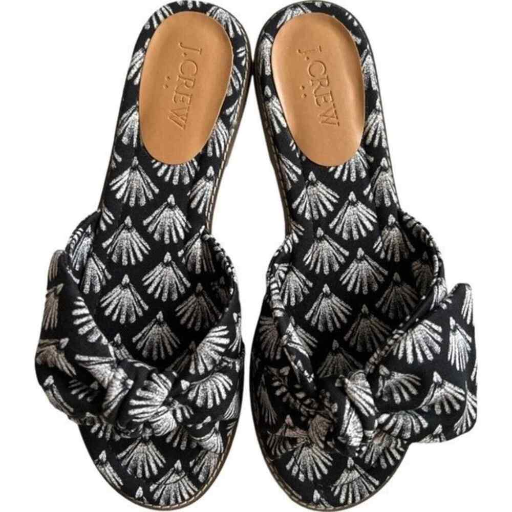 J. Crew Factory Black Sandals with White Leaf Pattern